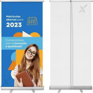 Banner roll up Plástico na Cor de Alumínio Anoidizado 80x200 cm  Lona 380gr  Acompanha Case p/ Viagem